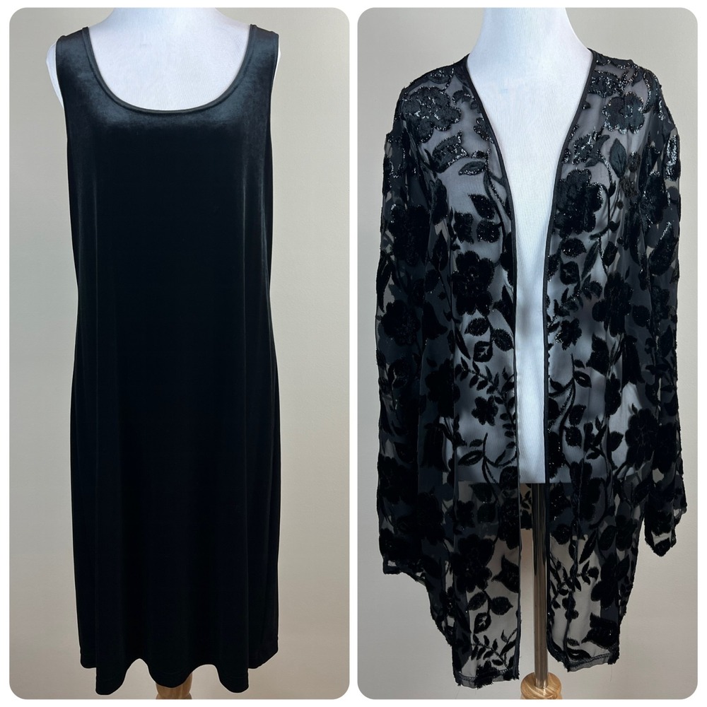 Midnight Velvet Dress Topper Set Womens Large Black Sheath‎ Sheer Floral Stretch